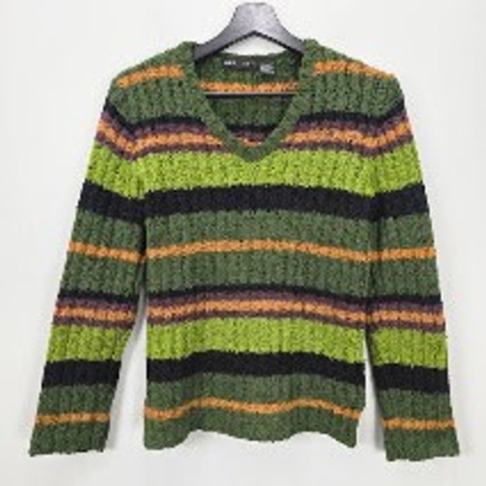 Vintage 90s Y2K Jamie Scott Pullover Knit Sweater S Green Striped Grunge Chunky